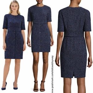 Lela Rose Jacquard Half-Sleeve Sheath Dress, Navy/Mul, Shortened Length; Altered